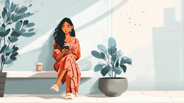 A woman is sitting on a bench with a potted plant behind her. Indian woman sitting comfortably with phone, modern urban lifestyle feel, neutral color palette, social media
