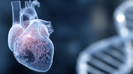 Transparent human heart with visible coronary arteries and DNA double helix in background