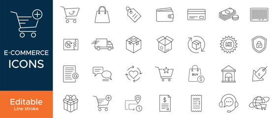 Ecommerce line icons set for online shopping, retail, and digital store apps, editable outline vector symbols