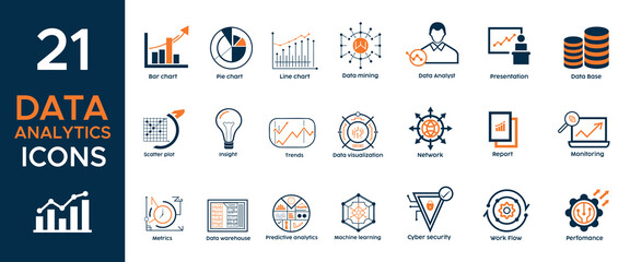 Data analytics and business intelligence icon set for metrics, reports, and growth