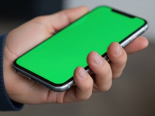 Closeup of a person holding a smartphone with a green screen in their hand