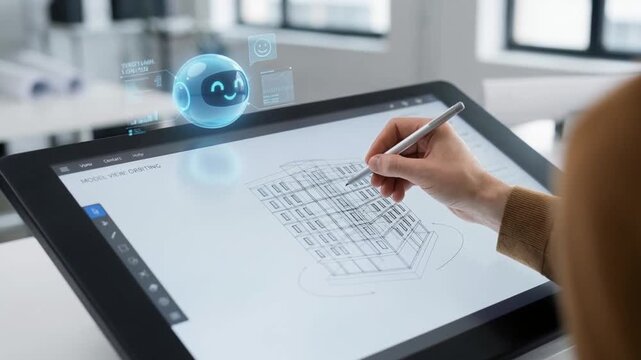 AI customer support bot business helping architect sketch building blueprint digital tablet with stylus modern workspace showing drafting