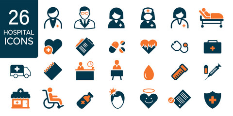 A clean solid hospital icons set designed for healthcare apps, clinics, and medical interfaces
