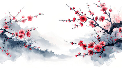 静かな早春に咲く梅の花,水墨・水彩調,和風アート背景,　AI生成画像