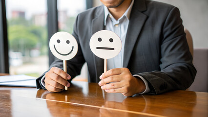Businessman holding two emotion faces on sticks showing happy and neutral expressions