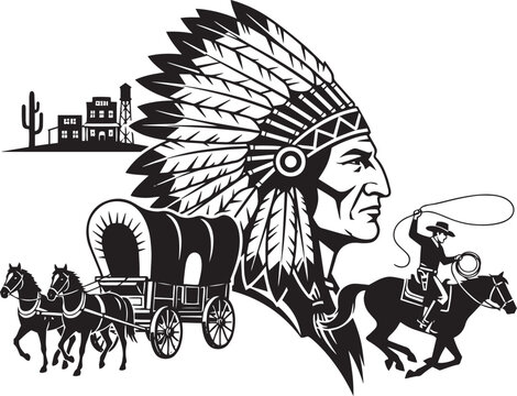 Native American chief headdress with cowboy lassoing horse and covered wagon