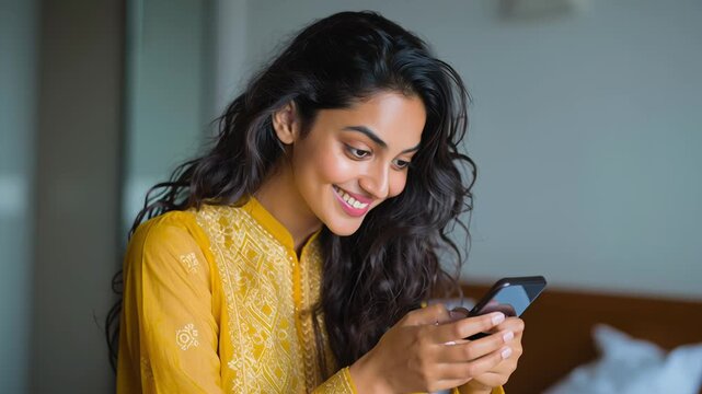 A woman with long hair is smiling while looking at her cell phone. Indian woman smiling while scrolling phone, contemporary lifestyle scene, soft daylight, clean editorial look, social media