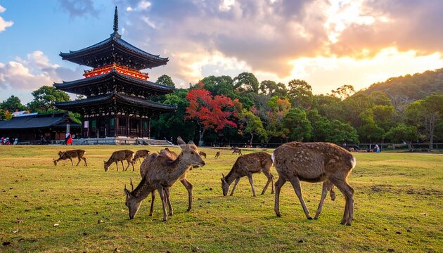 Deer Grazing in Nara Park with a Traditional Japanese Temple in the Background at Sunset.