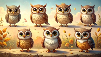 Fototapeta premium Cute Cartoon Owls in a Whimsical Autumn Landscape
