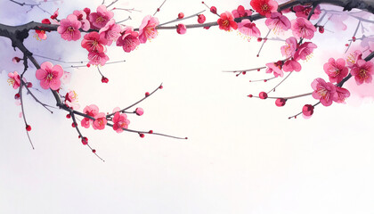 静かな早春に咲く梅の花,水墨・水彩調,和風アート背景,　AI生成画像