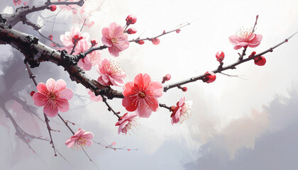 静かな早春に咲く梅の花,水墨・水彩調,和風アート背景,　AI生成画像