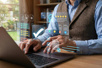 Certification and quality assurance concept. businessman using digital checklist and rating stars and quality control document, workflow validation, compliance tracking and audit process management