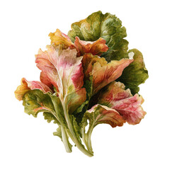 Watercolor depiction of leafy greens, with pastel pinks and greens against black