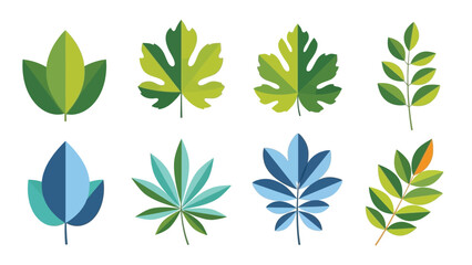 Collection of stylized flat design botanical leaf icons featuring diverse shapes shades of green and vibrant blues for nature themed graphic projects