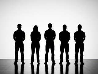 Silhouettes of five people standing in a row against a plain white background with reflection