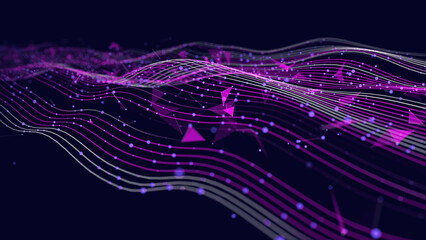 Abstract digital data wavy stream with triangles fly quantum computing in dark cyberspace. Tech information transmission. Big data light flow. Closeup.