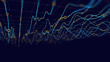 Abstract digital infographic data from wavy lines with circles in stream quantum computing in dark cyberspace. Tech information transmission. Big data.