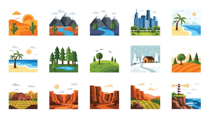 Obraz premium Collection of fifteen distinct flat design landscape illustrations representing various global ecosystems and seasonal environments for graphic projects