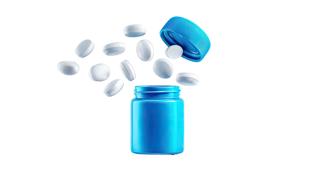 Pills float from a bright blue open medicine bottle against a black background