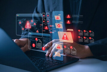 Cybersecurity file breach concept. Digital document and folder warning alert with error. malware attack, data corruption, and information loss through system vulnerability.