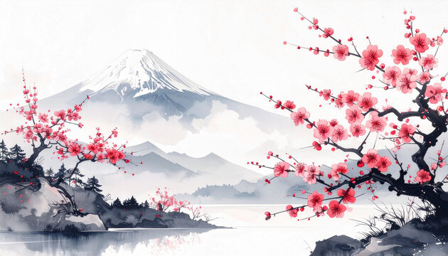 静かな早春に咲く梅の花,水墨・水彩調,和風アート背景,　AI生成画像