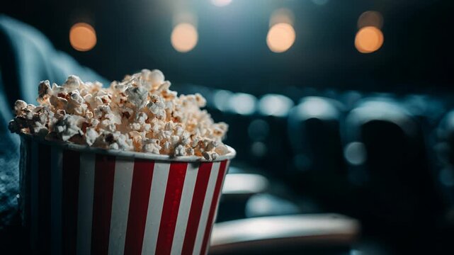 Close up of classic popcorn snack in striped bucket, ready for film watching entertainment in dark movie theater. perfect treat for enjoyment at cinema