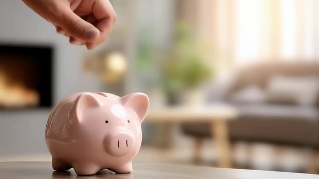 Hopeful womans hand putting coin into pink piggy bank prudent act of saving money. Mastering personal finance with budget management for investment and secure future