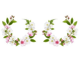 Elegant floral arrangement spelling out the word love made with pink and white blossoms on white background