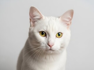 Closeup of white cat with yellow eyes and pink nose looking directly at camera on white background