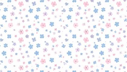 Delicate Floral Pattern - A Whimsical Arrangement of Pink, Blue, and Gray Flowers on White Background.