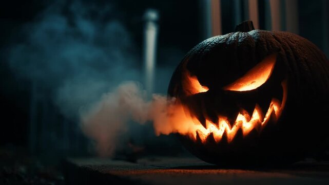 Scary, evil halloween pumpkin, spooky jack o lantern with horror face glowing in dark night. Sinister smoke creates terrifying mood for creepy holiday celebration