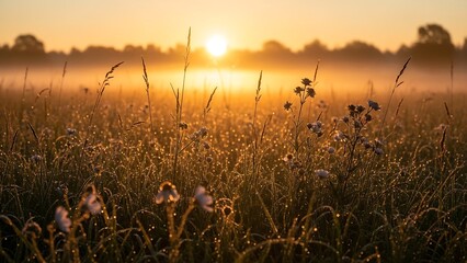 Golden sunrise over a misty field.
