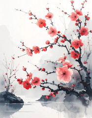 静かな早春に咲く梅の花,水墨・水彩調,和風アート背景,　AI生成画像