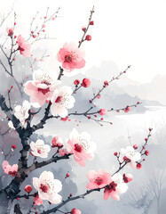 静かな早春に咲く梅の花,水墨・水彩調,和風アート背景,　AI生成画像