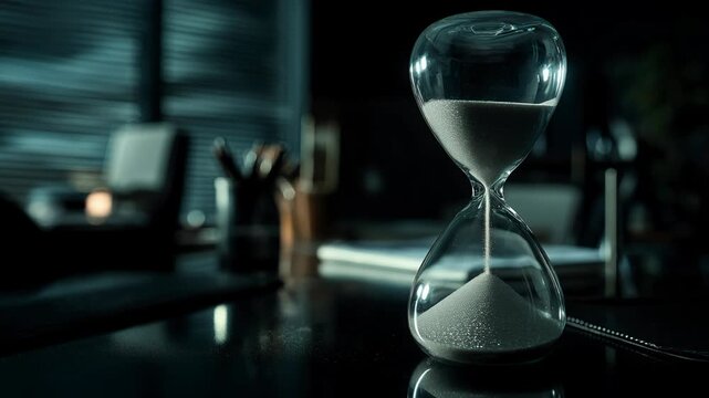 Dramatic hourglass and sandglass on dark office desk. Moody white sand marks passage of time, suspenseful countdown toward an urgent, final deadline