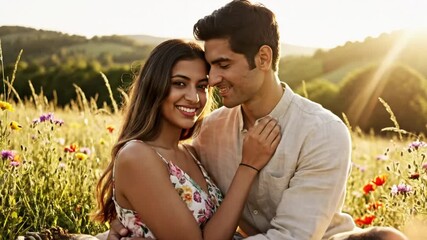 Romantic couple embraces and gazes at the camera while enjoying a picnic in a wildflower meadow under the sunlight