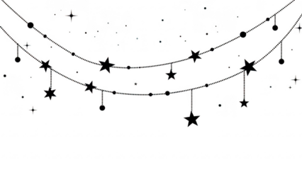 Decorative string lights with stars and circles hanging in a festive arrangement for celebration or holiday decoration isolated on transparent background