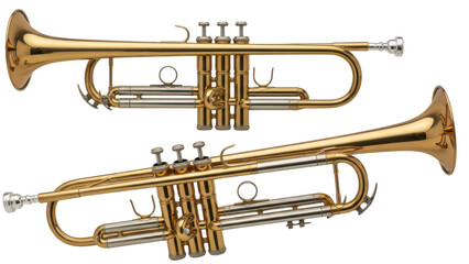 Two brass trumpets with detailed valves and mouthpieces, musical instruments for performance or practice isolated on transparent background