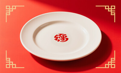 CNY food mockup with copy space simple plate red background  Generative AI