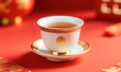 Chinese New Year tea cup scene ceramic cup on red surface gold trim  Generative AI