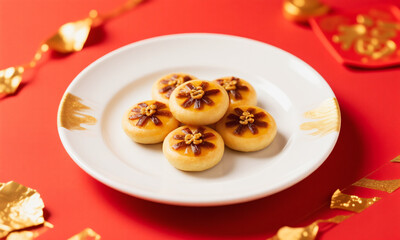 Chinese New Year snack mockup minimal plate red background gold foil  Generative AI