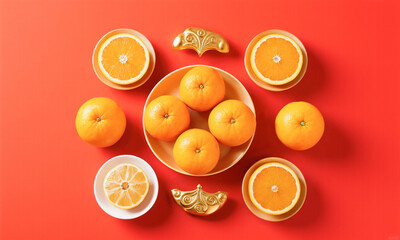 Chinese New Year food flat lay oranges on red background gold accents clean top-down  Generative AI
