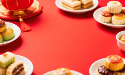 Festive food background traditional Chinese sweets on red surface copy space  Generative AI