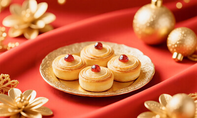 Festive pastry scene red cloth gold accents calm luxury  Generative AI