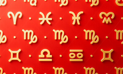 Modern zodiac pattern background repeating gold symbols on red surface  Generative AI