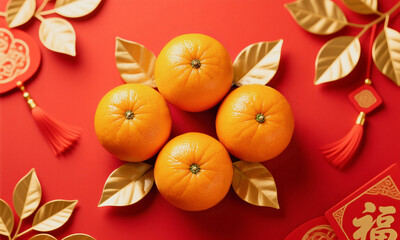 Oranges for lunar new year red background gold leaves detail top-down  Generative AI