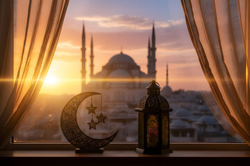 elegant home setup with mosque skyline backdrop and traditional decor for eid al-adha, gratitude and luxury hospitality stock photos