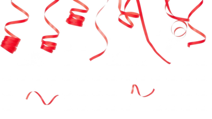 Celebration party decorations with red ribbons and streamers on a transparent background for festive events