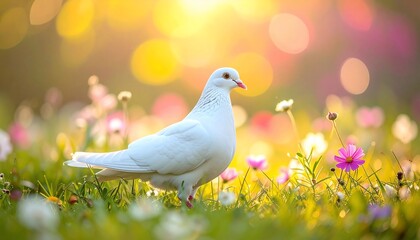 White dove stands in field of wildflowers, bathed in warm sunlight; vibrant bokeh background