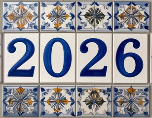 Decorative address plaque with floral-patterned tiles above and below numbers